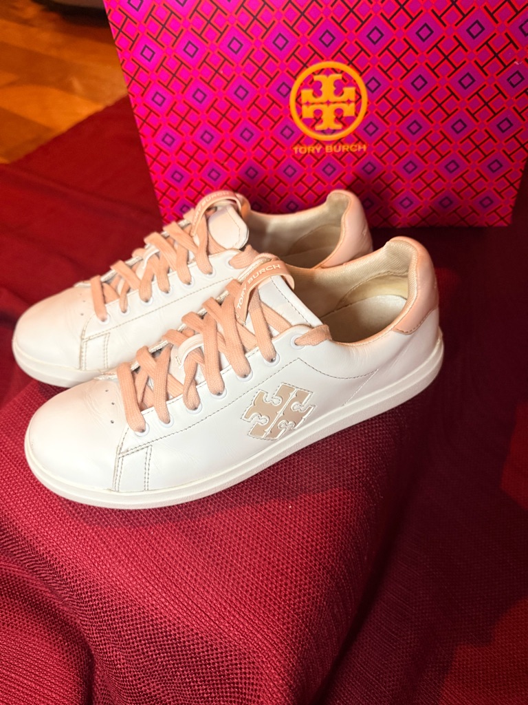Tory Burch Titanium White & Pink Double T Howell Court Sneakers
